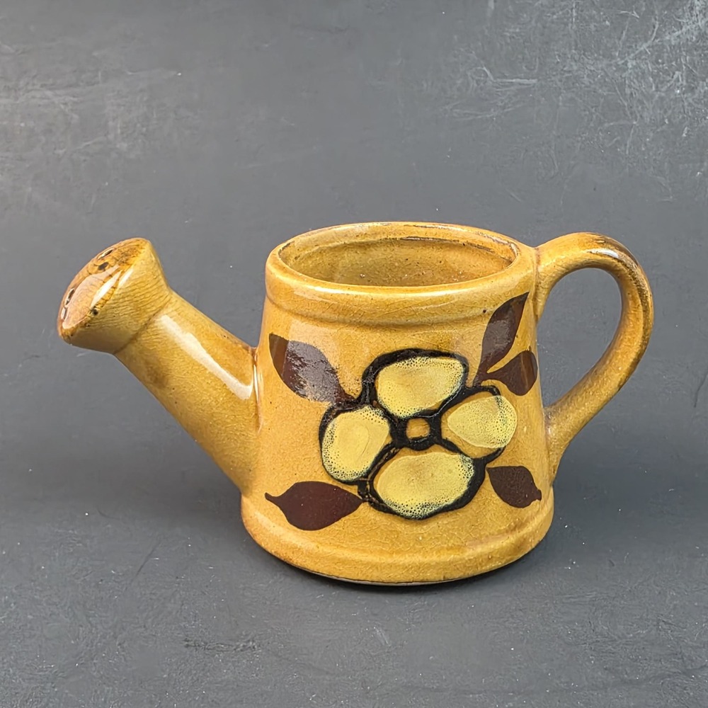 Vintage Lego Japan Ceramic Watering Can Mini Planter Yellow Floral Hand Painted